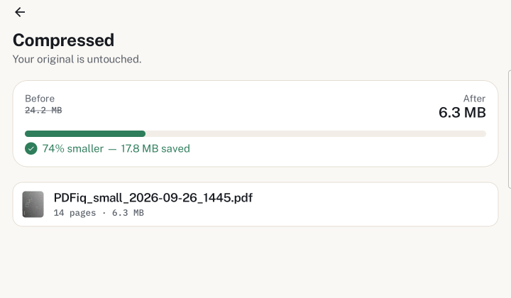 The result: before 24.2 MB, after 6.3 MB, 74% smaller, 17.8 MB saved, and the file it wrote
                      &mdash; 14 pages, 6.3 MB.
